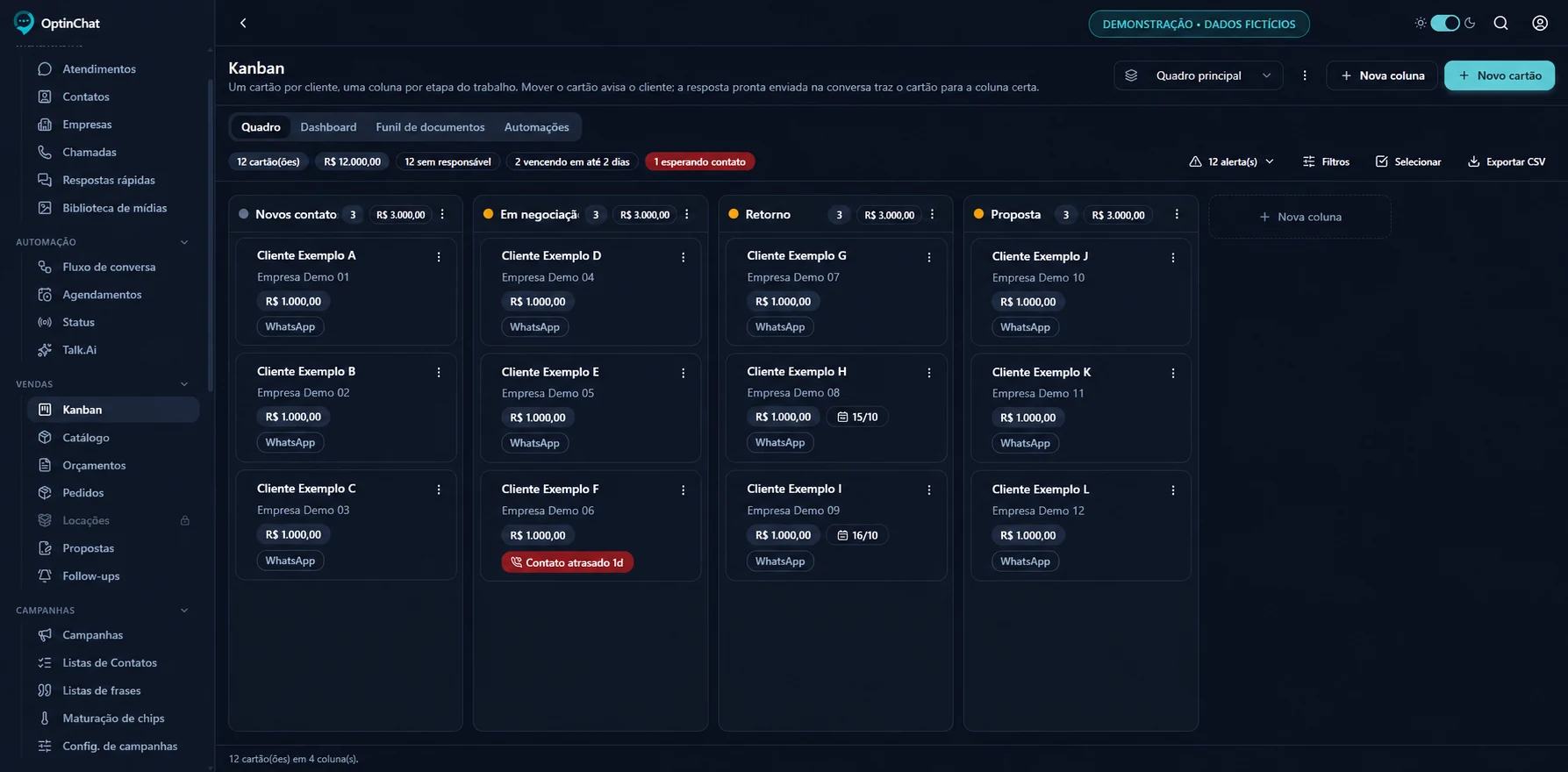 Quadro Kanban do OptinChat com oportunidades organizadas por etapa
