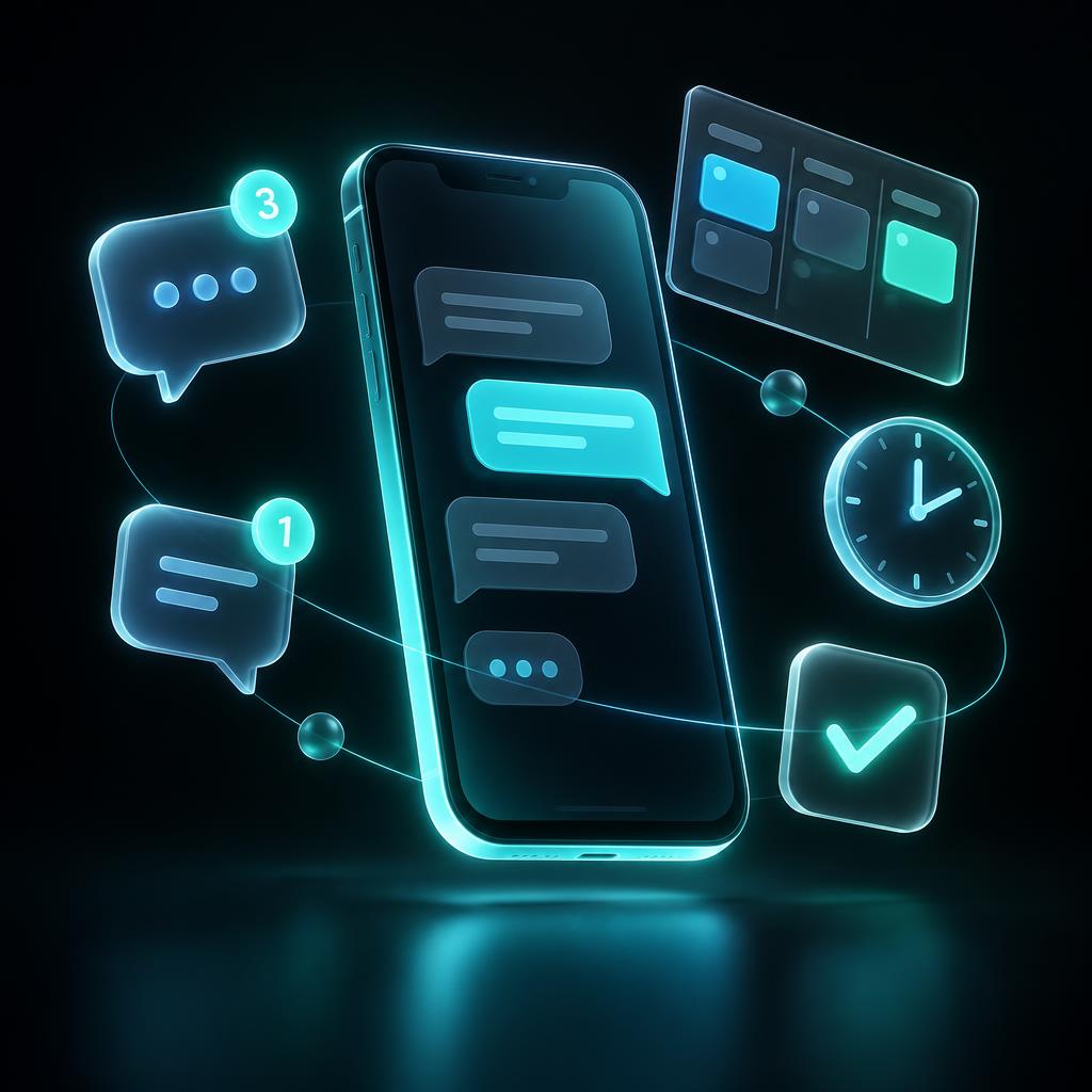 Ilustração de celular com conversas, notificações, quadro de oportunidades e lembretes